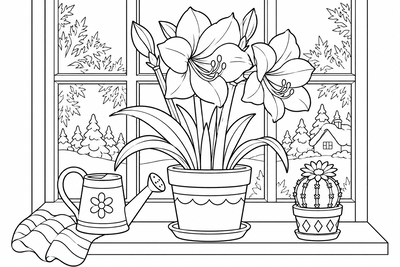 Amaryllis on a winter windowsill coloring page