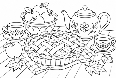 Apple pie and tea coloring page