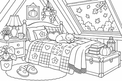 Cozy attic bedroom in autumn coloring page