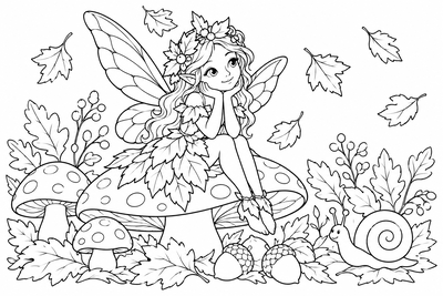 Autumn fairy on a mushroom coloring page