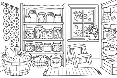 Autumn pantry shelves coloring page