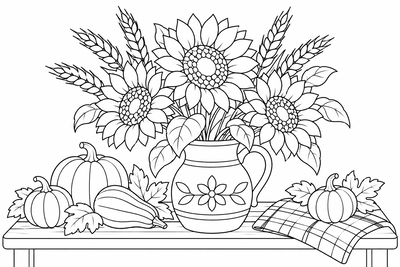 Autumn sunflower bouquet coloring page