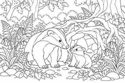 Badger and cub in the bluebells coloring page