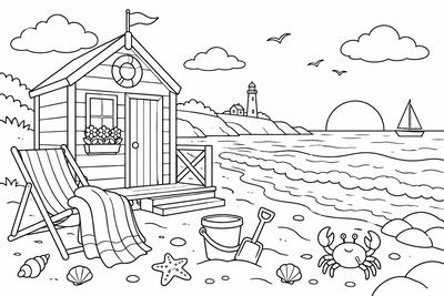 Beach hut by the sea coloring page