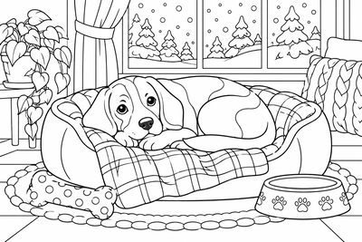 Beagle in a cozy dog bed coloring page
