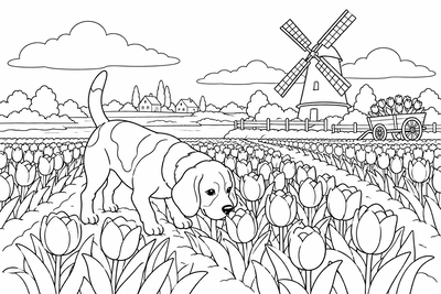 Beagle in a tulip field coloring page