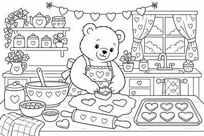 Bear baking Valentine cookies coloring page