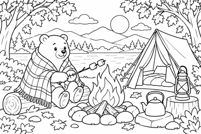 Bear by the campfire coloring page