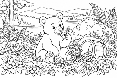 Bear cub in the blueberry patch coloring page