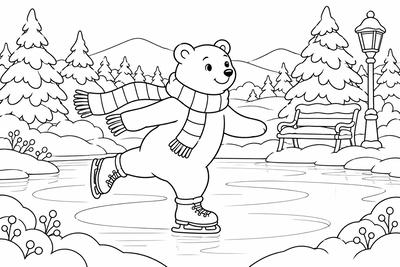 Bear ice skating on a pond coloring page