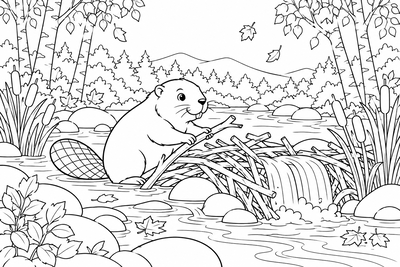 Beaver building a dam coloring page