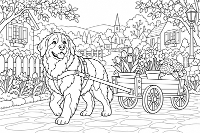 Bernese dog with a flower cart coloring page