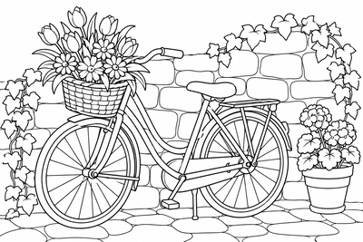 Bicycle with a flower basket coloring page