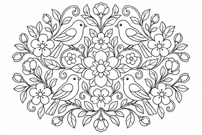Bird and blossom mandala coloring page