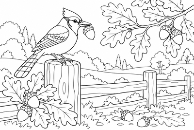 Blue jay with an acorn coloring page
