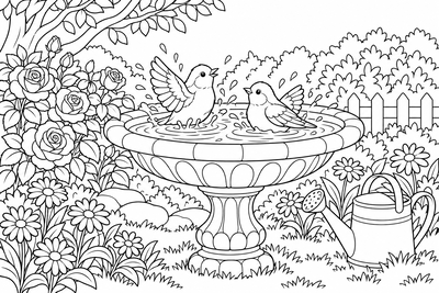 Bluebirds at the birdbath coloring page