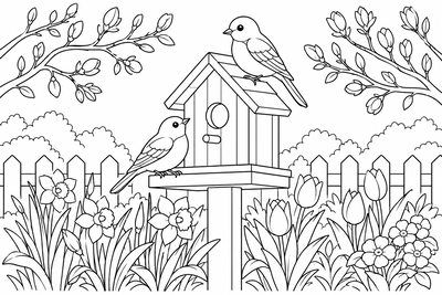 Bluebirds at the birdhouse coloring page