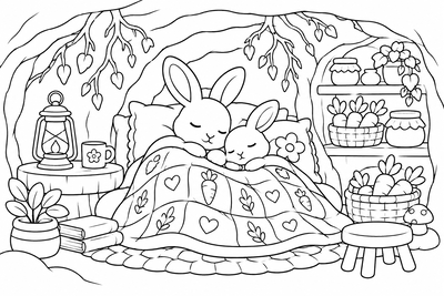 Bunnies in a cozy burrow coloring page