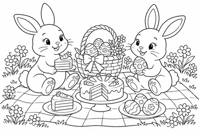 Bunnies' Easter picnic coloring page