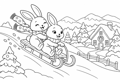 Bunnies sledding on a snowy hill coloring page