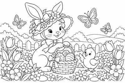 Bunny in an Easter bonnet coloring page