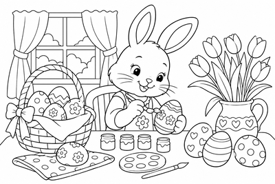 Bunny painting Easter eggs coloring page