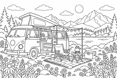 Camper van in the meadow coloring page