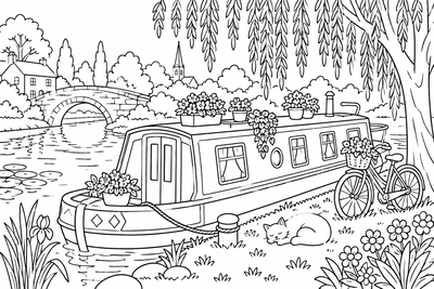 Canal boat with flower pots coloring page