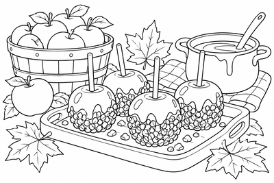 Caramel apples on a tray coloring page