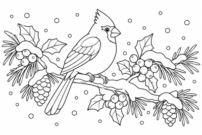 Cardinal on a snowy branch coloring page