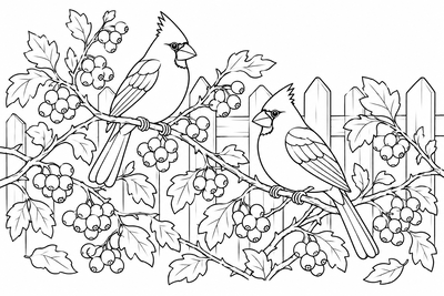 Cardinals in the autumn hawthorn coloring page