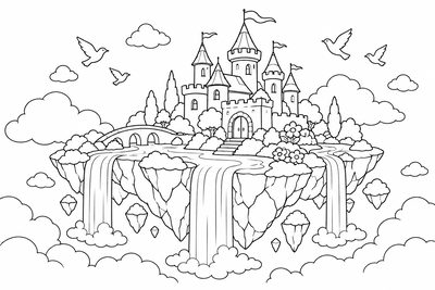 Castle on a floating island coloring page