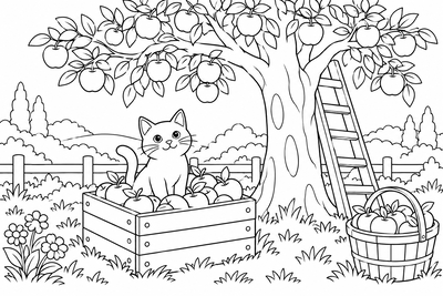 Cat in an apple orchard coloring page