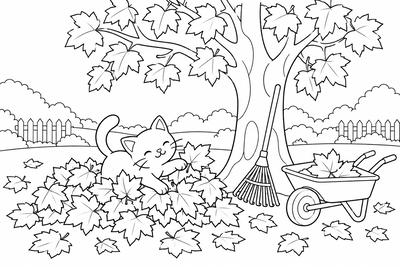 Cat in the autumn leaves coloring page