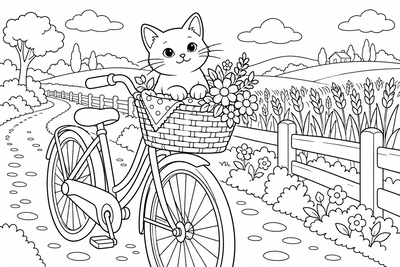 Cat in a bicycle basket coloring page