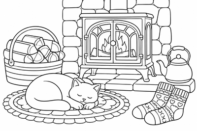Cat by the wood stove coloring page