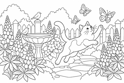 Cat chasing butterflies coloring page