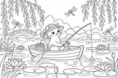 Cat drifting in a rowboat coloring page