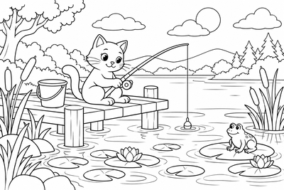 Cat fishing on the dock coloring page