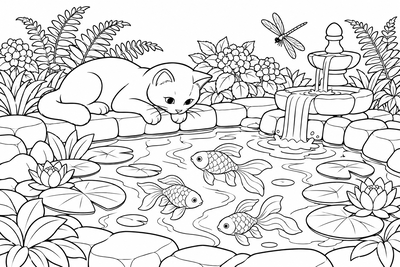 Cat watching the goldfish pond coloring page