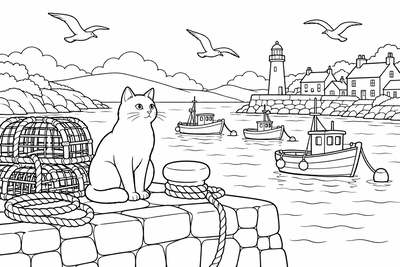 Cat on the harbor wall coloring page