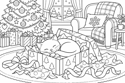 Cat in a Christmas gift box coloring page