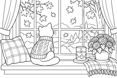 Cat in a cozy sweater coloring page