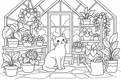 Cat in the greenhouse coloring page