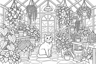 Cat in the greenhouse coloring page