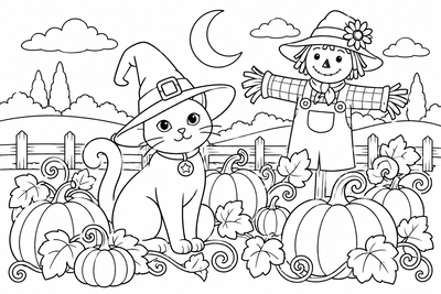 Cat in the pumpkin patch coloring page