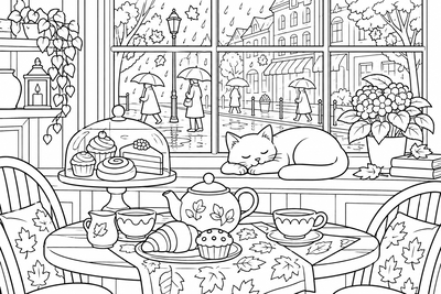 Cat in the rainy café coloring page