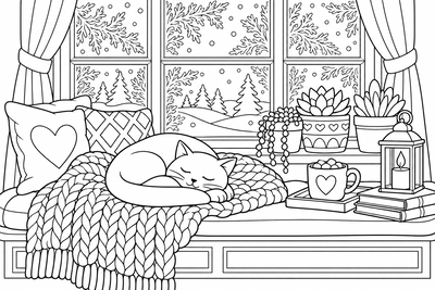 Cat napping by the frosty window coloring page