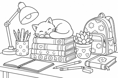 Cat napping on schoolbooks coloring page