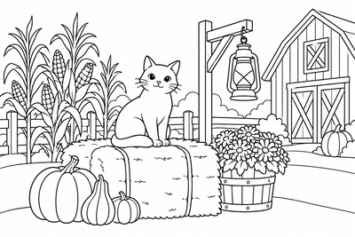 Cat on a hay bale coloring page